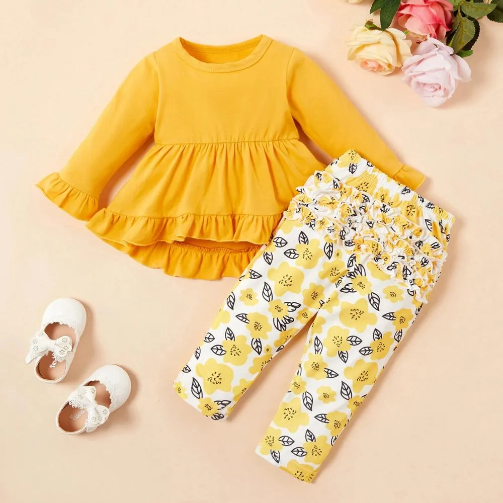 Girls Solid Top & Flower Print Design Pants