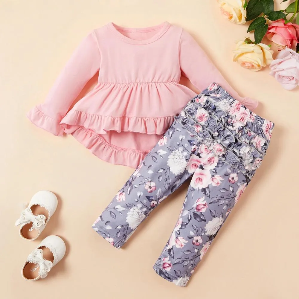 Girls Solid Top & Flower Print Design Pants