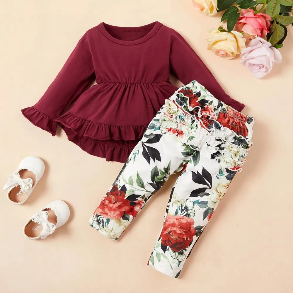 Girls Solid Top & Flower Print Design Pants