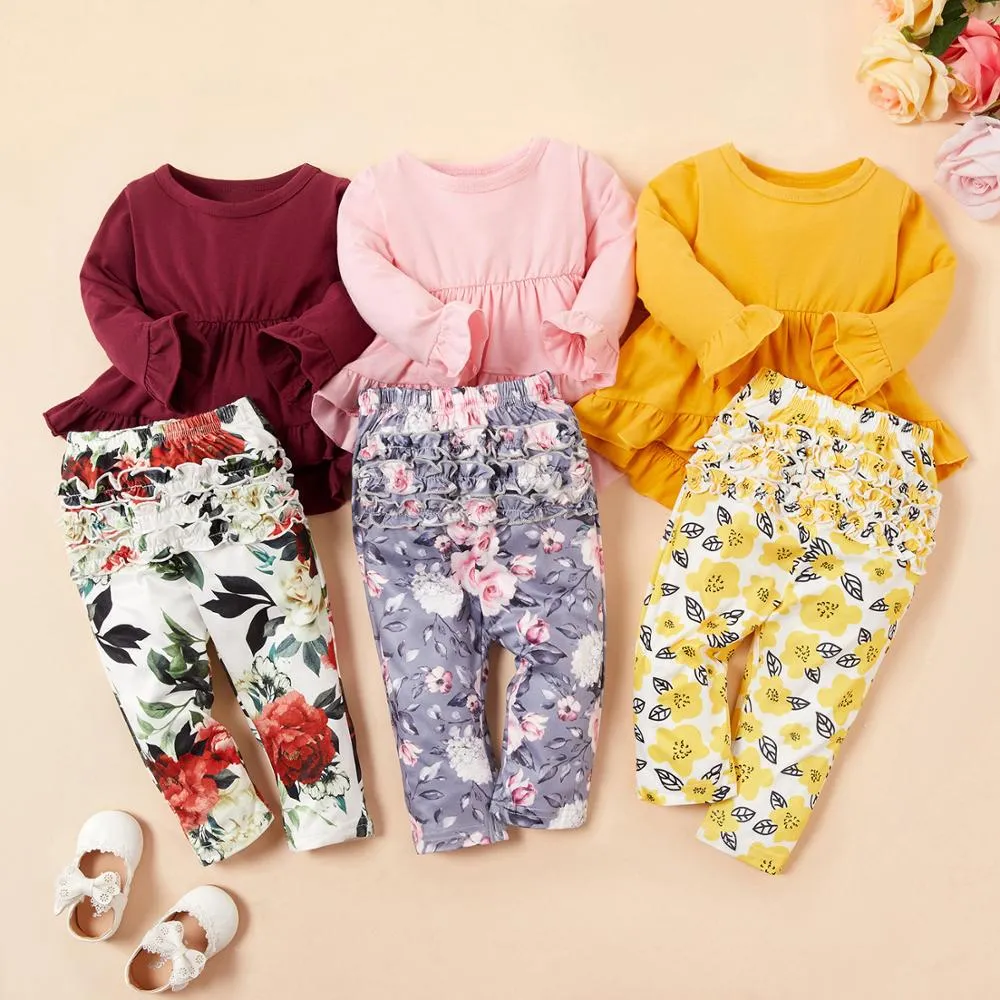 Girls Solid Top & Flower Print Design Pants