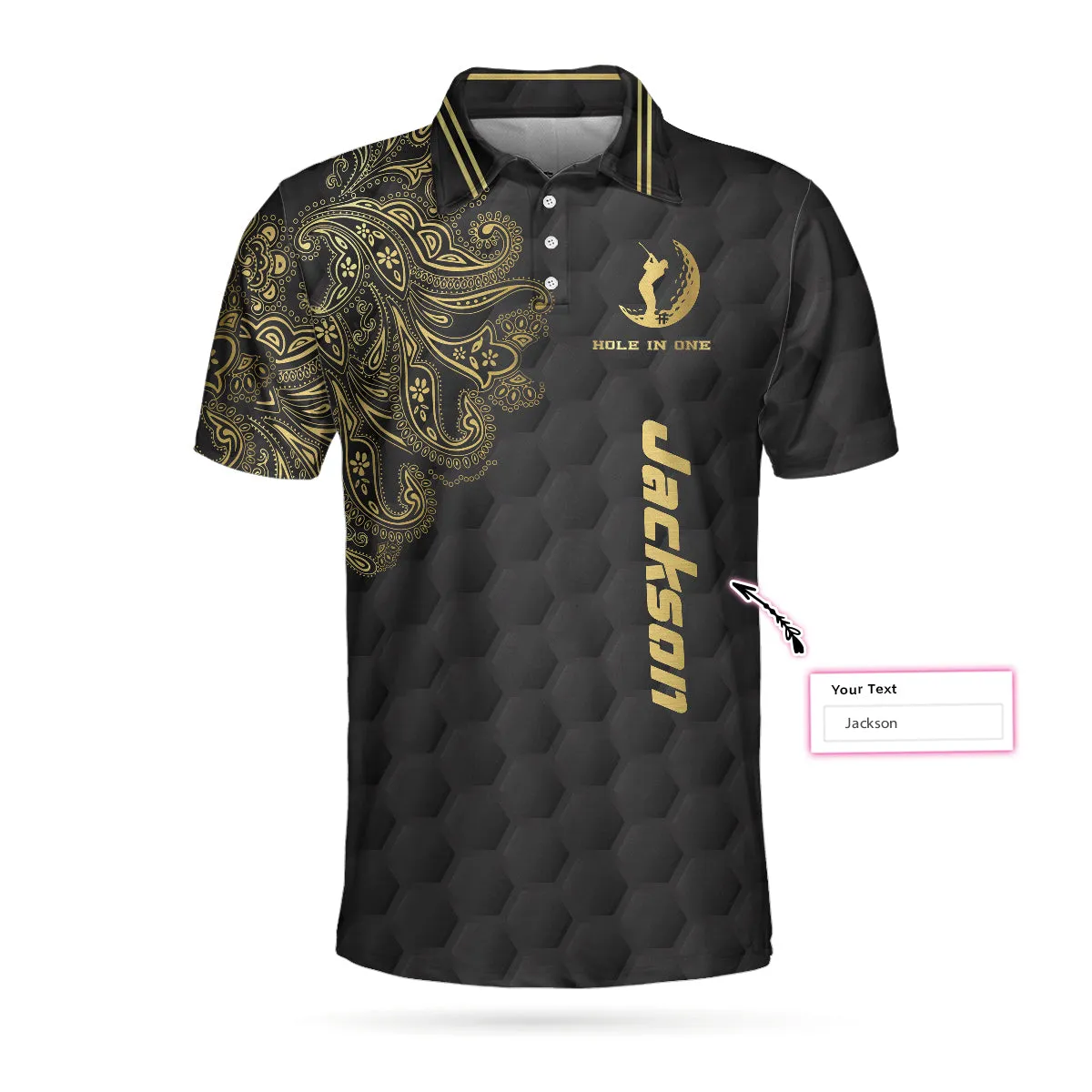 Golden Hole In One Black Golf Texture Custom Polo Shirt, Personalized Golden Floral Paisley Golf Shirt For Men Coolspod