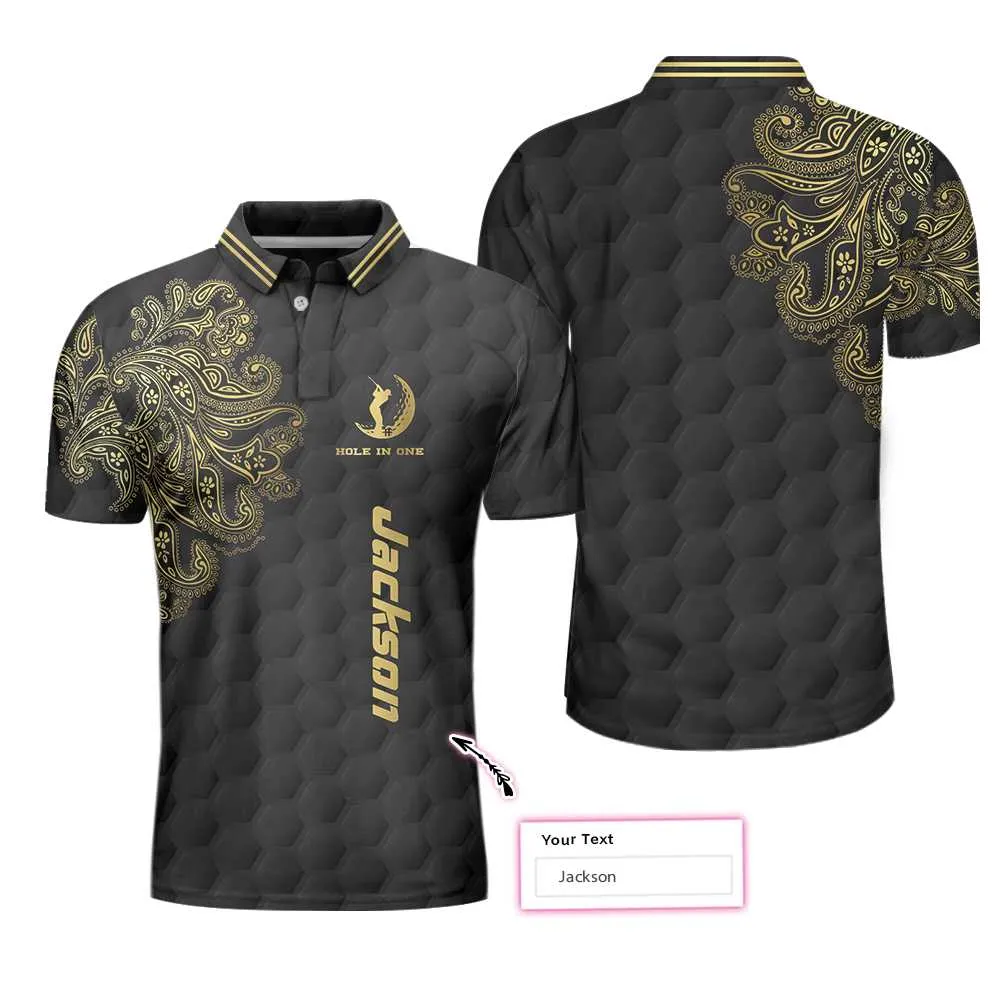 Golden Hole In One Black Golf Texture Custom Polo Shirt, Personalized Golden Floral Paisley Golf Shirt For Men Coolspod