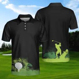 Golf Grunge Graphic Golf Polo Shirt, Wet Paint Silhouette Black Polo Shirt, Best Golf Shirt For Men Coolspod