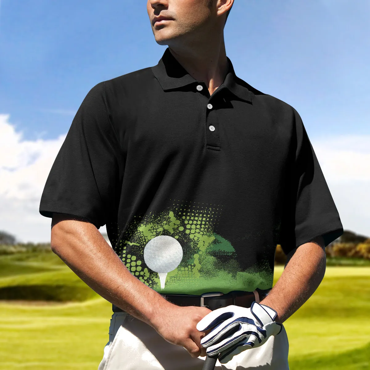 Golf Grunge Graphic Golf Polo Shirt, Wet Paint Silhouette Black Polo Shirt, Best Golf Shirt For Men Coolspod