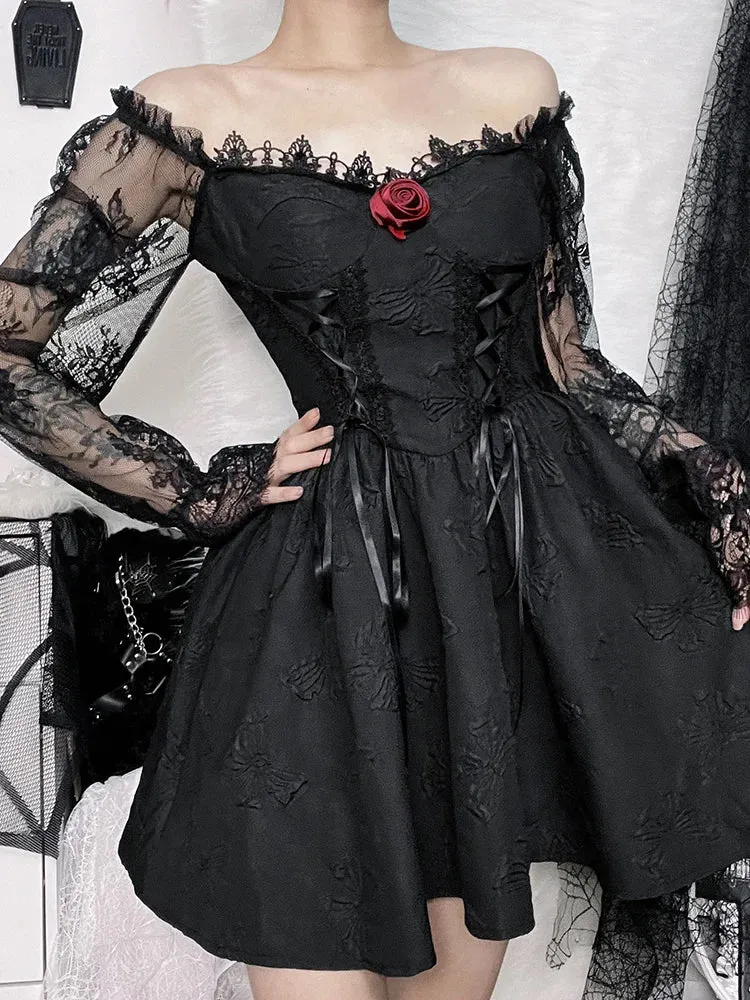 Grunge A-Line Sexy Jacquard Waist Sleeve Dark Party Lolita Lace Harajuku Vintage Gothic High Frock