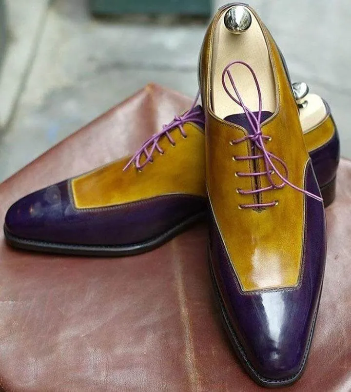 Handmade Men's Leather Purple Tan Lace Up Shoes