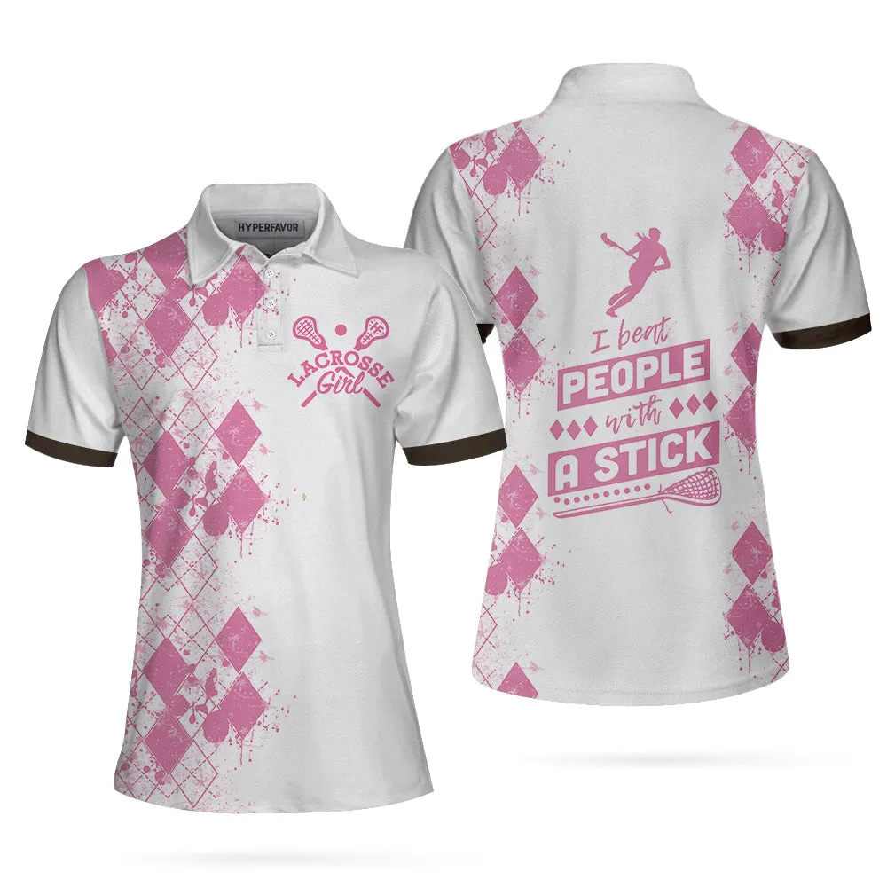 I Beat People With A Stick Lacrosse Short Sleeve Women Polo Shirt, White And Pink Lacrosse Shirt For Ladies Coolspod