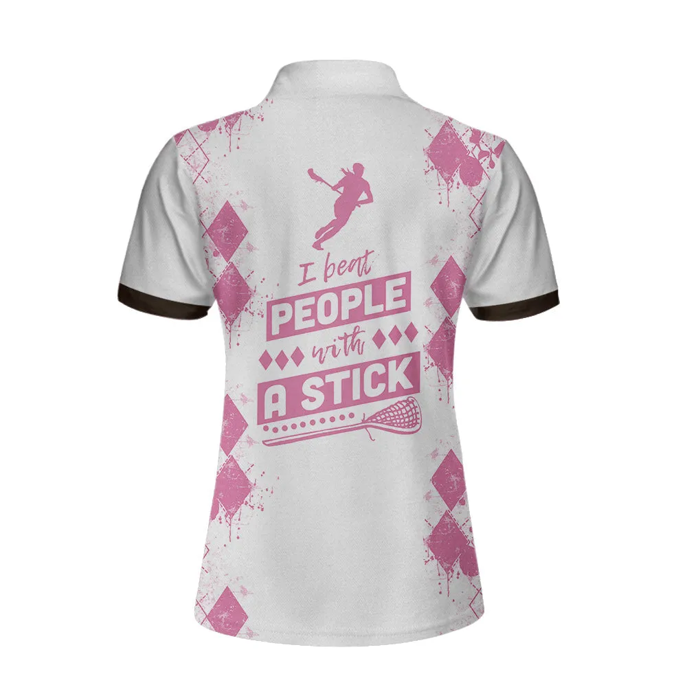 I Beat People With A Stick Lacrosse Short Sleeve Women Polo Shirt, White And Pink Lacrosse Shirt For Ladies Coolspod