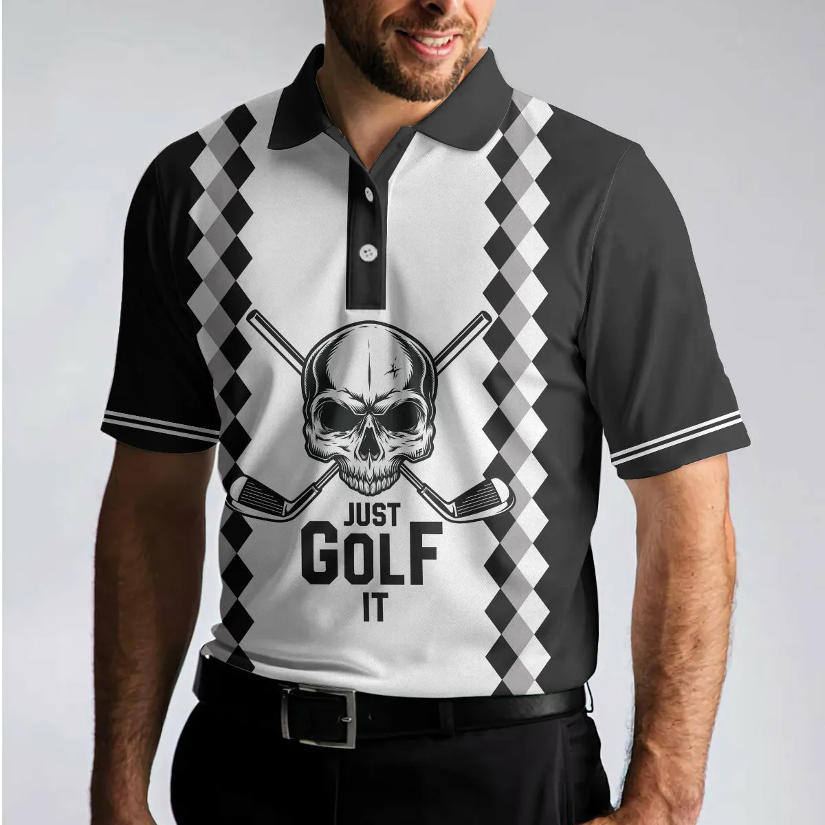 Just Golf It Skull Short Sleeve Golf Polo Shirt, Black And White Golf Shirt For Men Coolspod