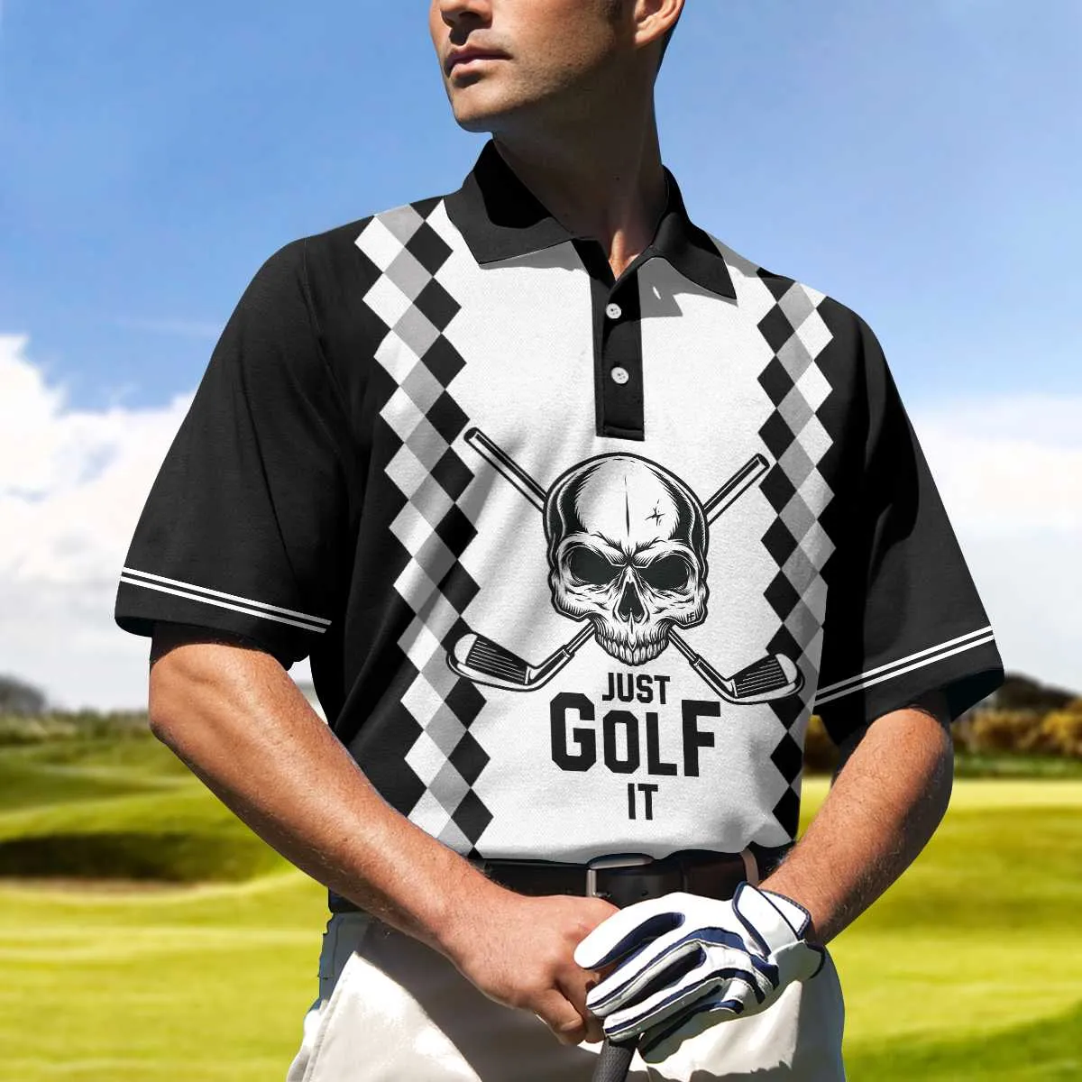 Just Golf It Skull Short Sleeve Golf Polo Shirt, Black And White Golf Shirt For Men Coolspod