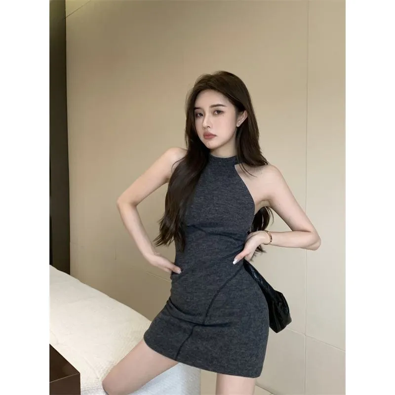 Knitted Cinched Waist Halter Sleeveless Hip-Hugging Dress