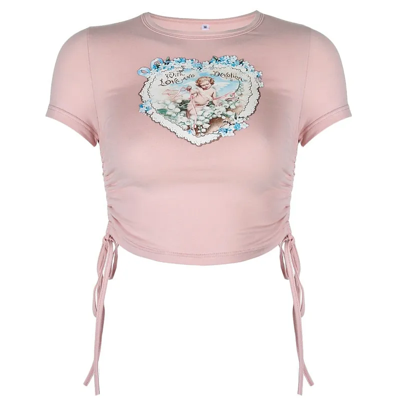 Kpop Short Sleeve Angel Print Casual Drawstring Pink Cropped Tees