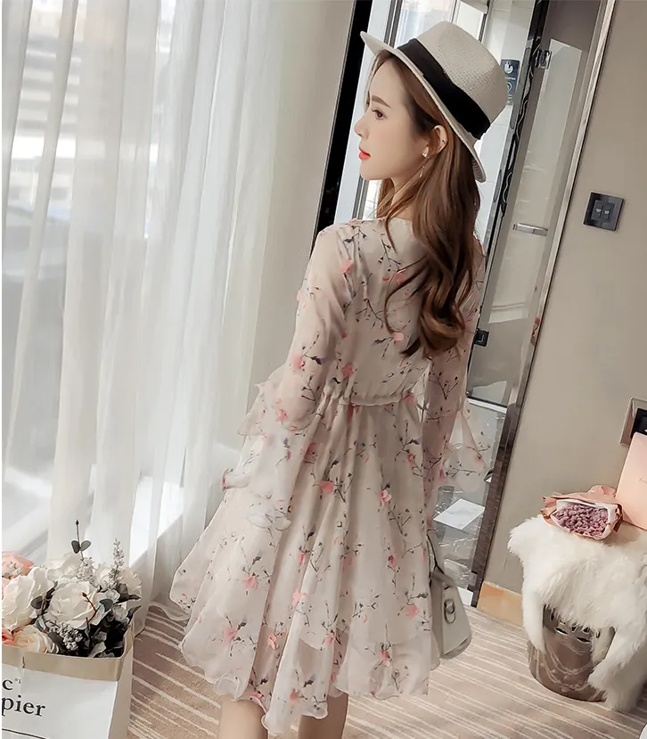 Lady Elegant Chiffon Dress Summer High Elastic Waist Ruffles Sleeve V-neck   S552