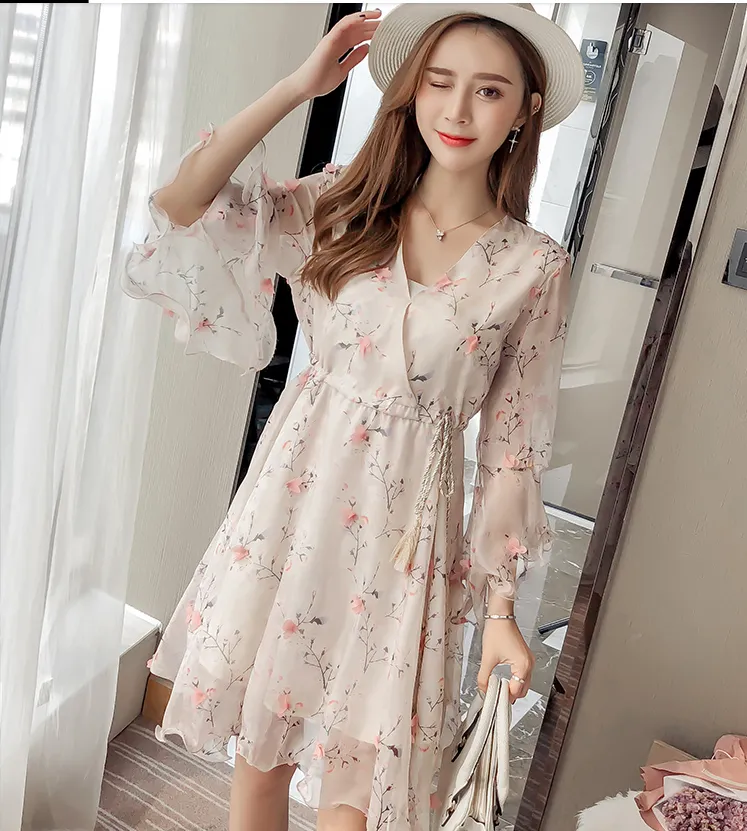 Lady Elegant Chiffon Dress Summer High Elastic Waist Ruffles Sleeve V-neck   S552