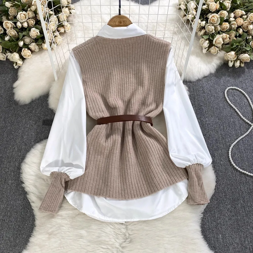 lantern long-sleeved mid-length shirt knitted vest two-piece suit for women      S3999