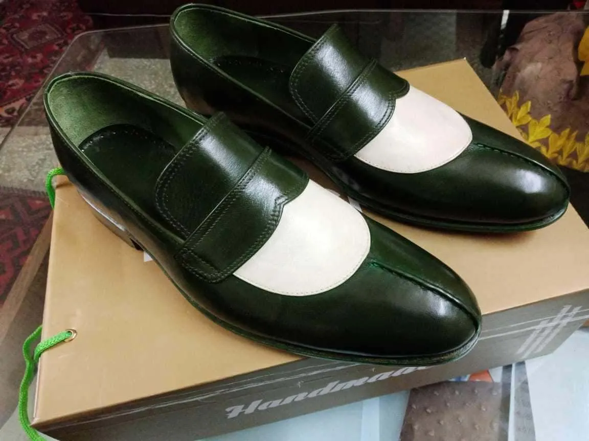 Loafers Men's Split Toe Green White Leather Shoes