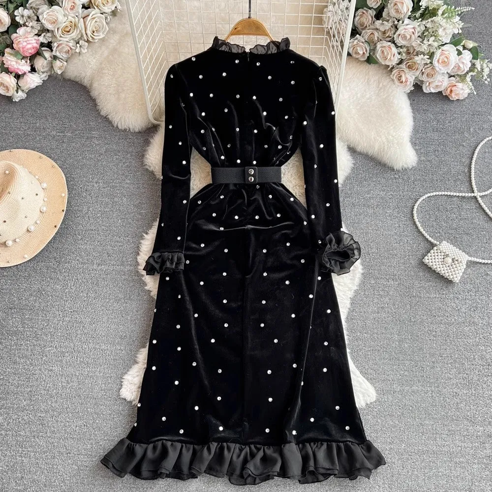 long-sleeved diamond mid-length A-line velvet dress     S4186