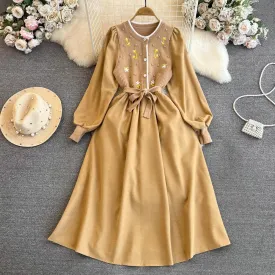 long-sleeved round neck embroidered knitted round neck mid-length a-line dress for women     S4339