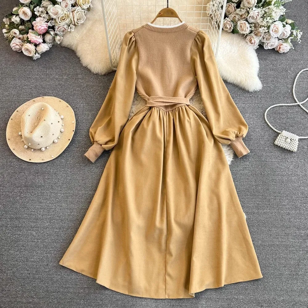 long-sleeved round neck embroidered knitted round neck mid-length a-line dress for women     S4339