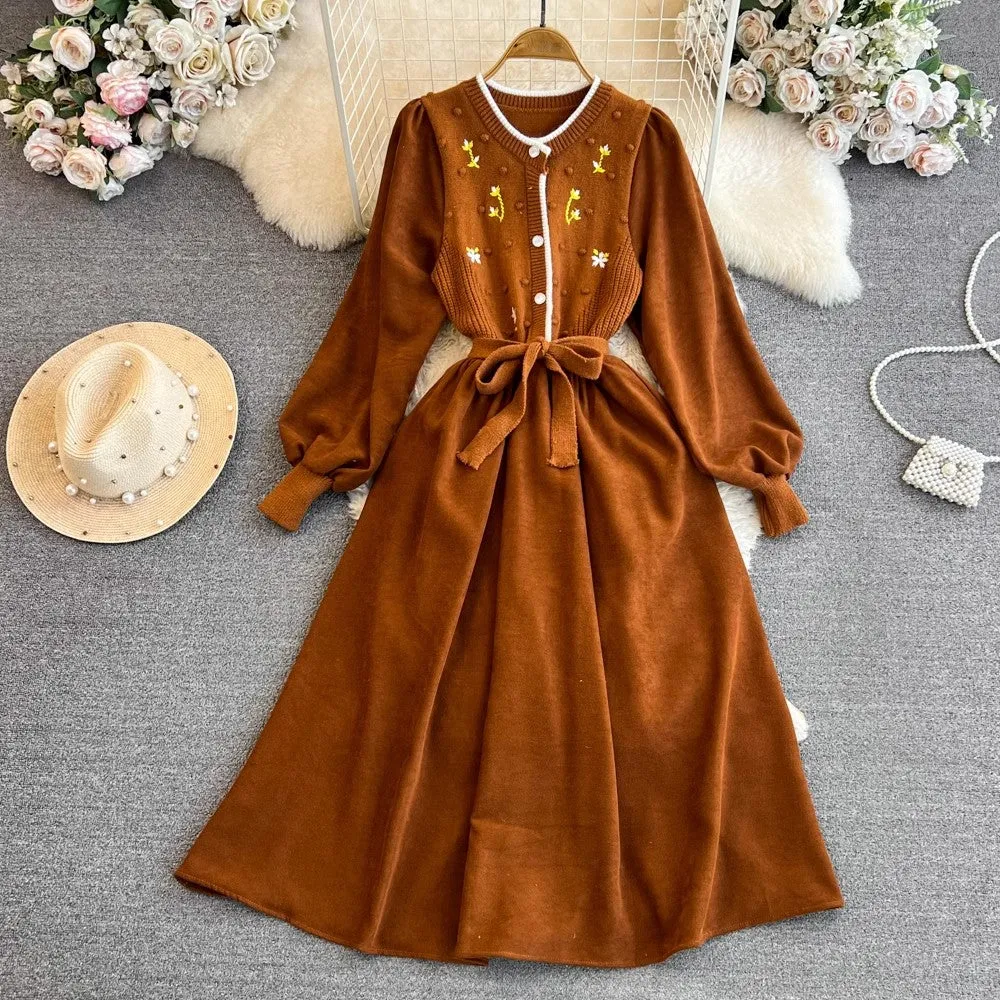 long-sleeved round neck embroidered knitted round neck mid-length a-line dress for women     S4339