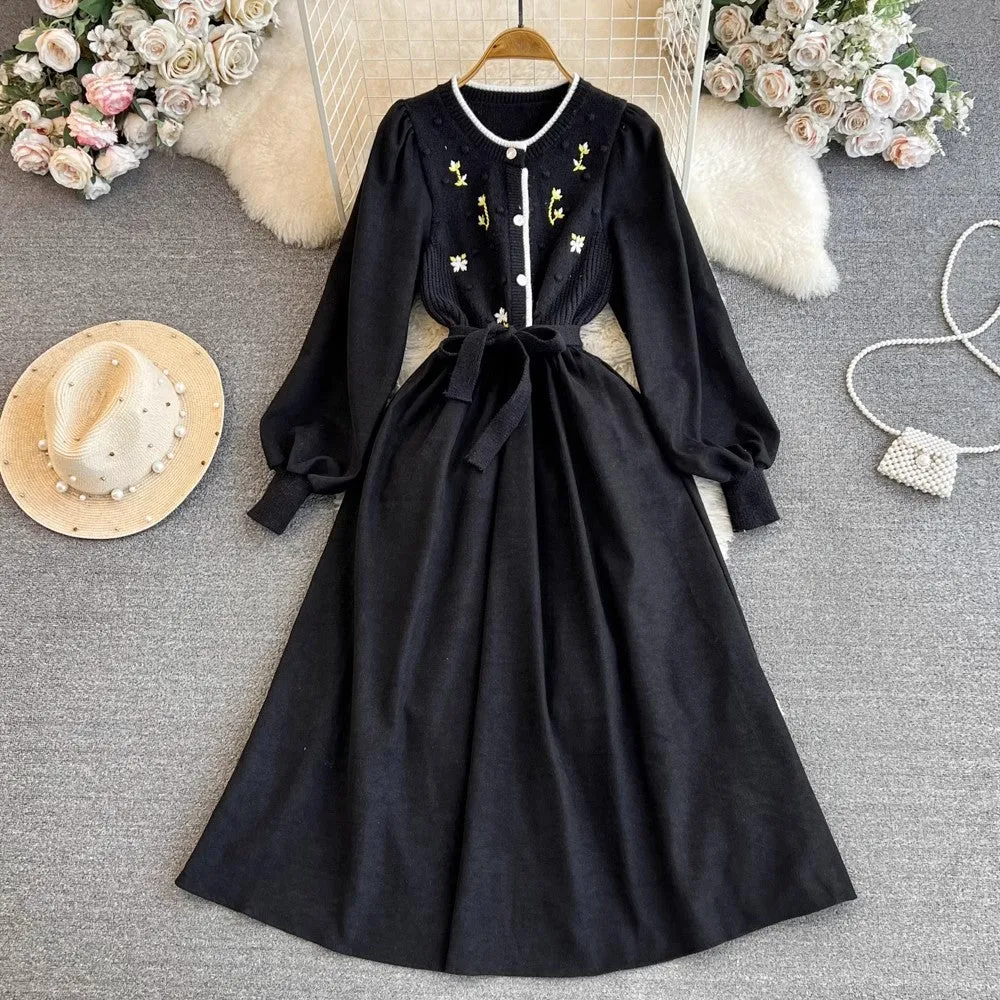 long-sleeved round neck embroidered knitted round neck mid-length a-line dress for women     S4339