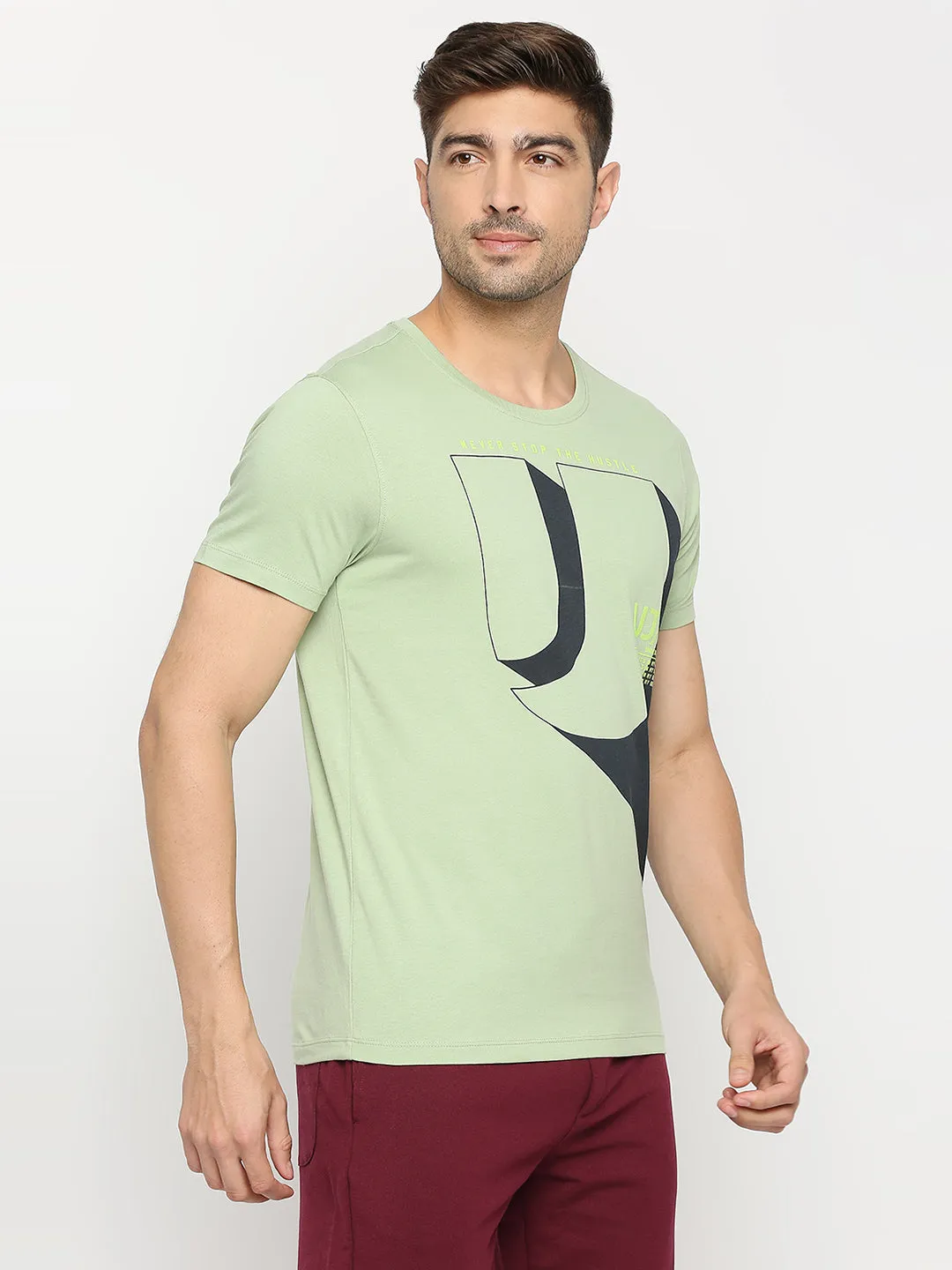 Men Premium Dusty Pista Cotton Round Neck Printed Tshirt- Underjeans By Spykar