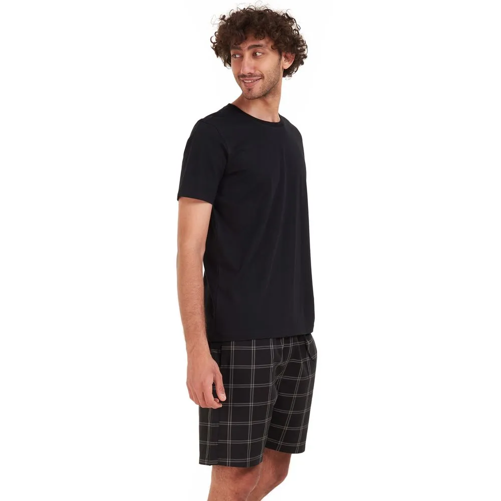 Men summer pajama set Black T-shirt   Black x grey checkered short