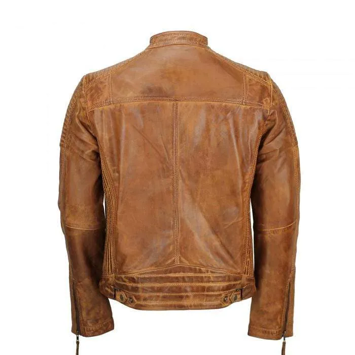 Men's Tan Vintage Biker Style Waxed Sheep Skin Fashion Jacket