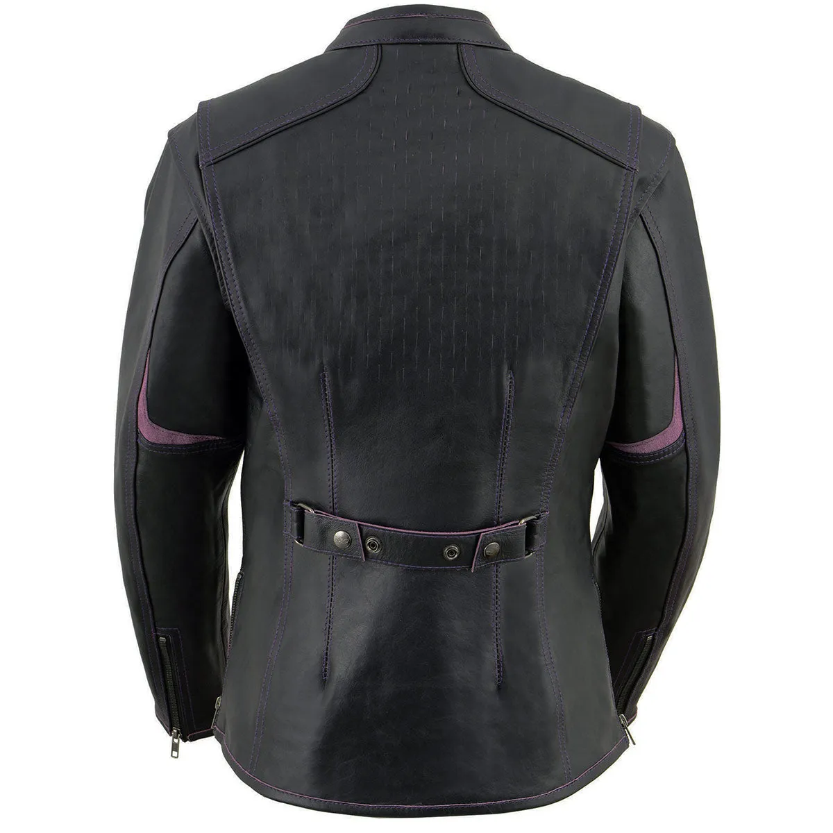 Milwaukee Leather MLL2502 Women's 'Laser Cut' Distressed Black and Purple Scuba Style Racer Jacket