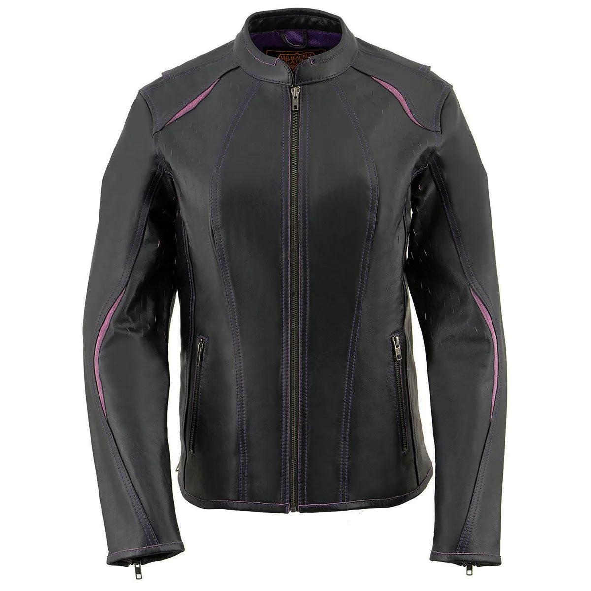 Milwaukee Leather MLL2502 Women's 'Laser Cut' Distressed Black and Purple Scuba Style Racer Jacket