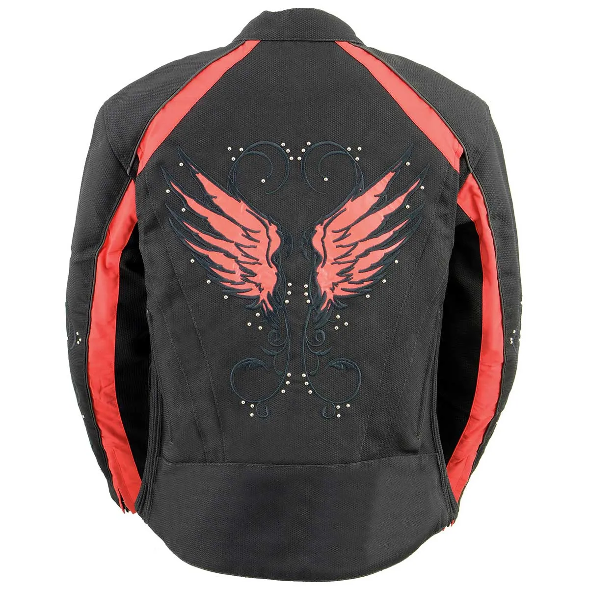 Milwaukee Leather SH1954 Women's Black and Red Textile Jacket with Stud and Wings Detailing