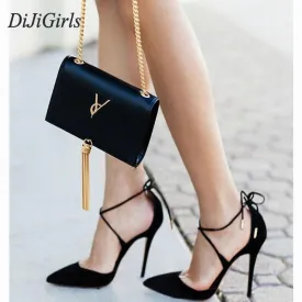 New Summer Style women's Lace Up high heels Pointed Toe Bandage Stiletto sandals celebrity ladies shoes Pumps Black