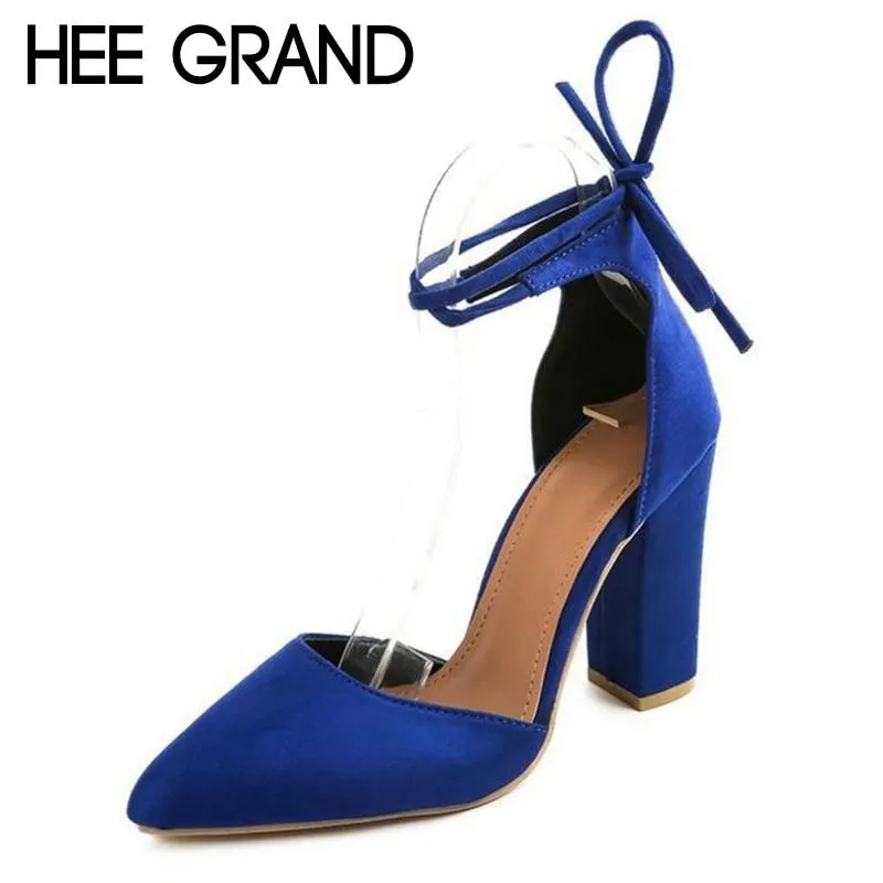 New Women Thick Heel Summer Shoes Pointed Toe Cross-tied Ankle Lace Flock Vamp Lady's Mujer Fashion Pumps