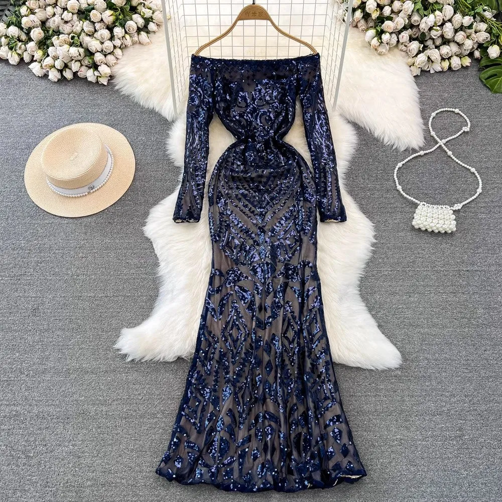 party evening dress,long-sleeved one-shoulder off-shoulder dress    S4004