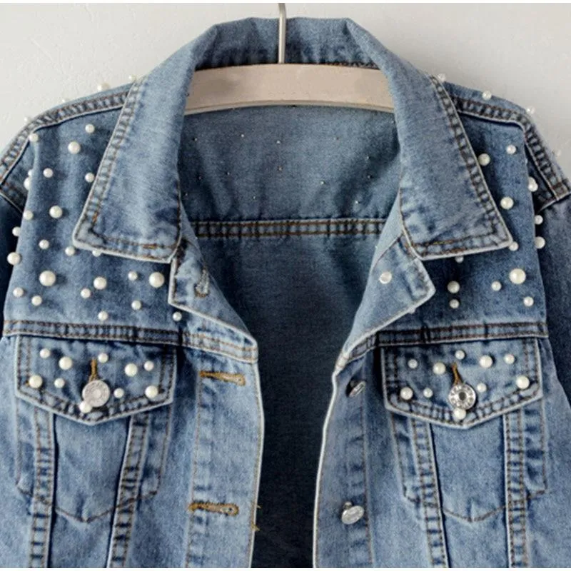 Pearl Beading Short Denim Jacket