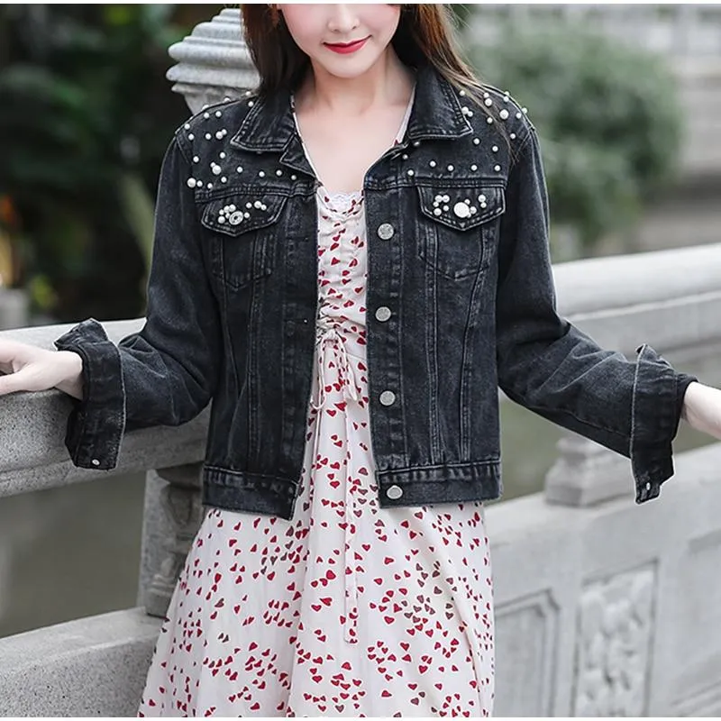 Pearl Beading Short Denim Jacket