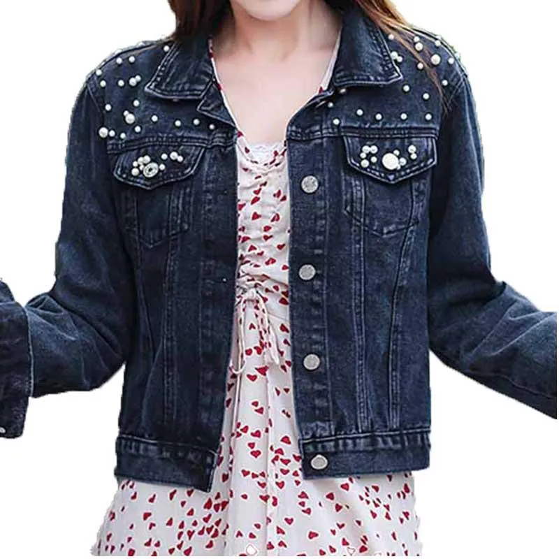 Pearl Beading Short Denim Jacket