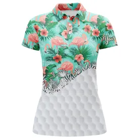 Personalized Green Tropical Pink Flamingo Pattern Womens Golf Polo Shirts Custom Ladies Golf Tops