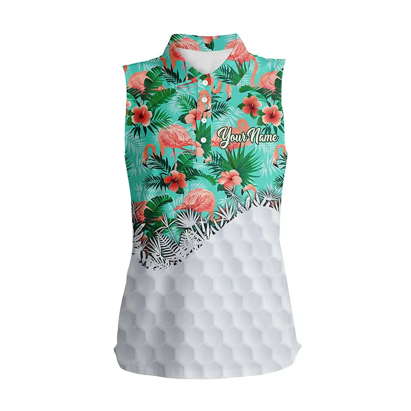 Personalized Green Tropical Pink Flamingo Pattern Womens Golf Polo Shirts Custom Ladies Golf Tops