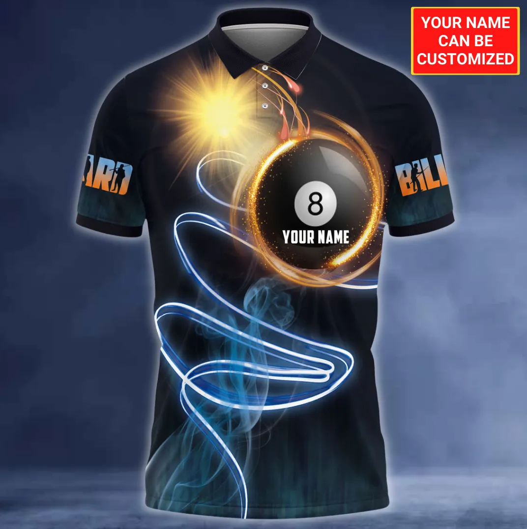 Personalized Name Ball Smoke and Sun Flow Billiard Polo Shirt, Custom In Ball Billiard Shirt for Pool Player