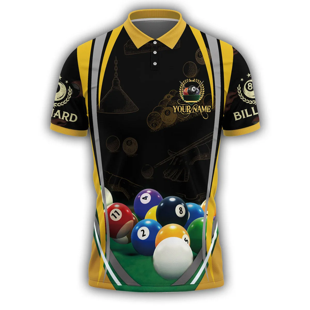 Personalized Name Black and Yellow Pool Table Billiard Polo Shirt, Cool Shirt for Pool Player