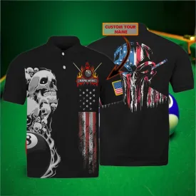 Personalized Name Skull American Pattern Fire Billiard Polo Shirt, Skull Billiard 3D Shirt