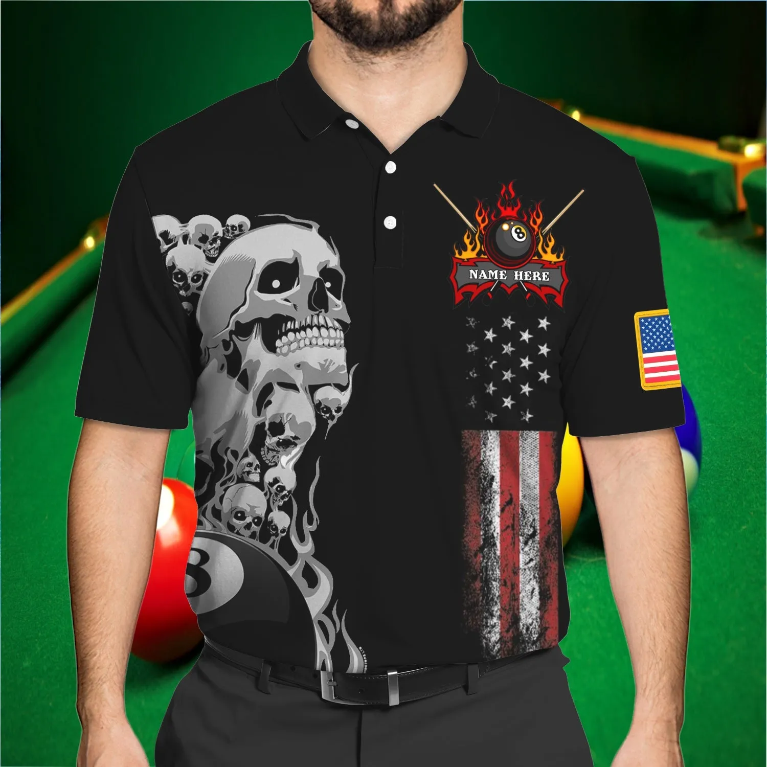 Personalized Name Skull American Pattern Fire Billiard Polo Shirt, Skull Billiard 3D Shirt