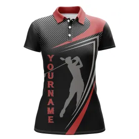 Personalized Red And Black Sports Golf Custom Polo Shirt, Golfer Silhouette Best Golf Shirt For Women