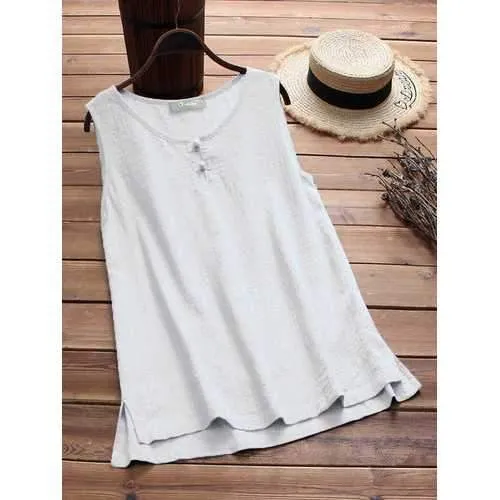 Plus Size Women Vintage Sleeveless Cotton Tops Blouse