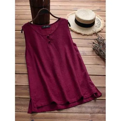 Plus Size Women Vintage Sleeveless Cotton Tops Blouse