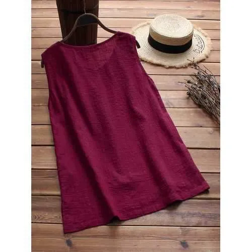 Plus Size Women Vintage Sleeveless Cotton Tops Blouse