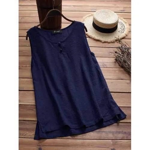 Plus Size Women Vintage Sleeveless Cotton Tops Blouse