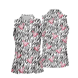 Seamless Flamingo Golf Zebra Background Women Short Sleeve Polo Shirt, Sleeveless Polo Shirt