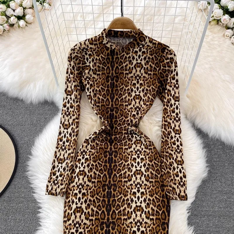 sexy leopard print for women long-sleeved long skirt     S3888